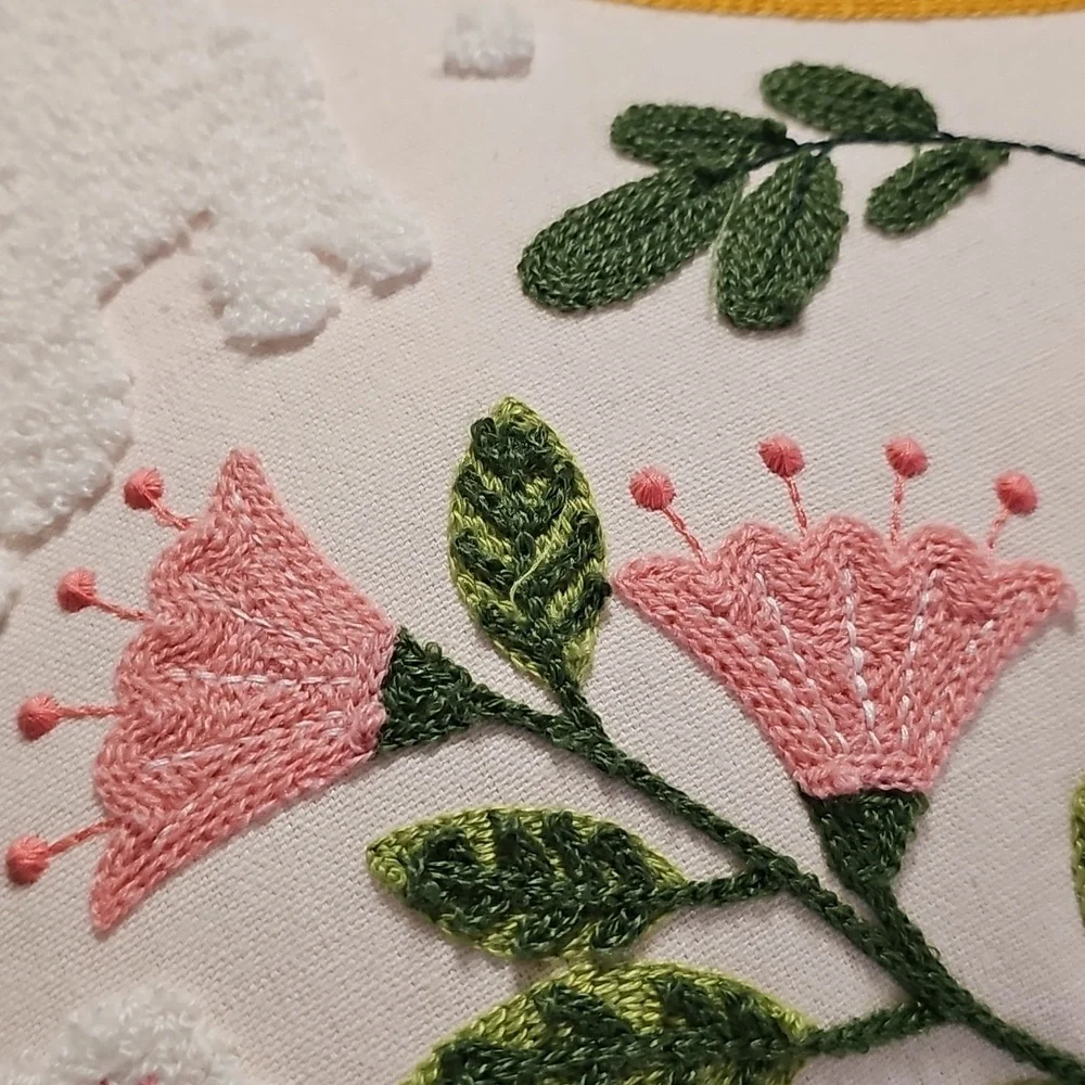 Embroidered Easter Bunny‎ Floral Throw Pillow - Cream, Mustard, Pink, Green. NWT